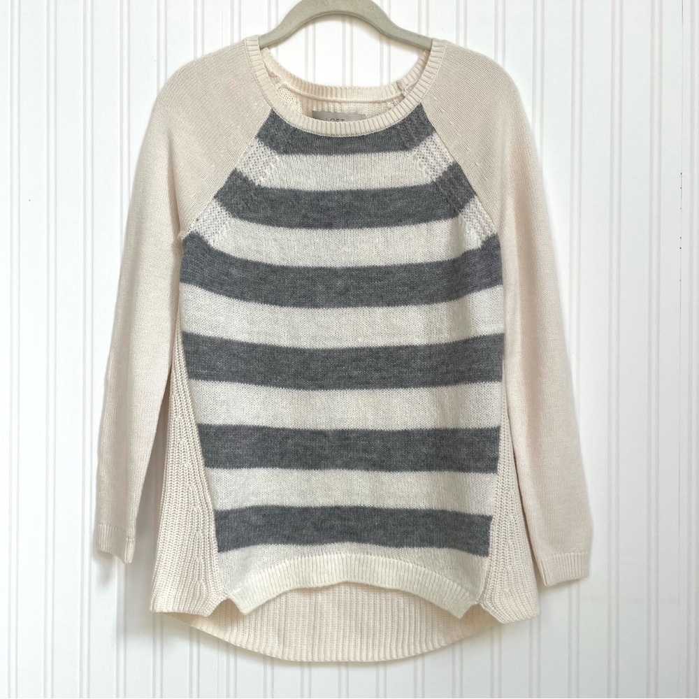 LOFT Gray and Cream Striped Crew Neck Sweater NWT
